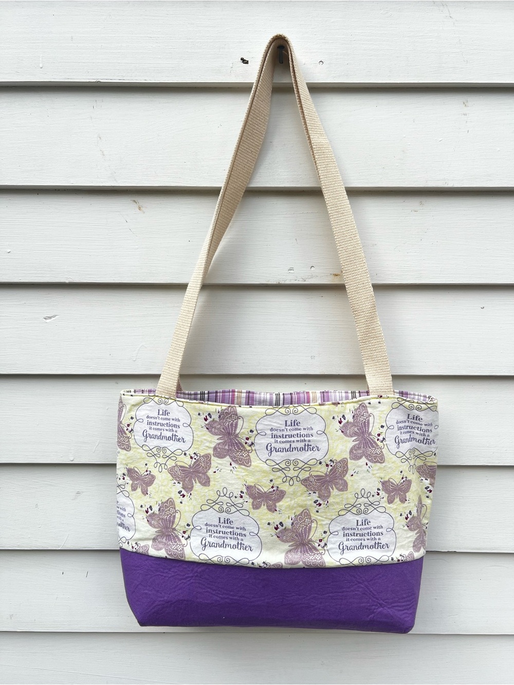 Cream and Purple Butterfly Tote Bag - Grandmother Design